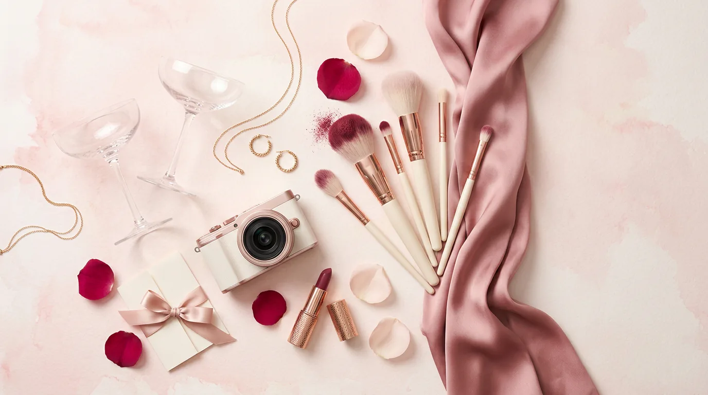 A soft blush still life of makeup brushes, jewelry, silk and champagne glasses