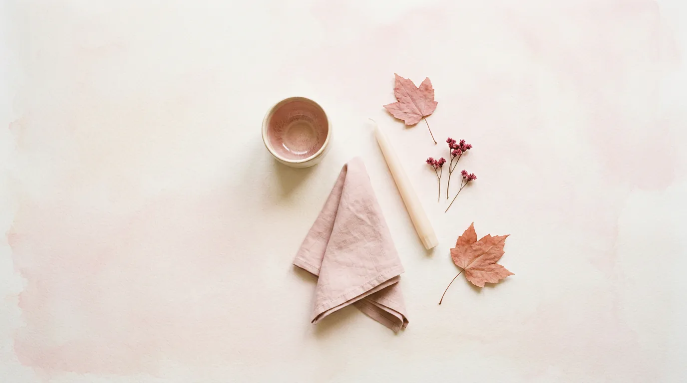 A soft blush and rose still life of dried autumn leaves, a ceramic cup, linen and a taper candle